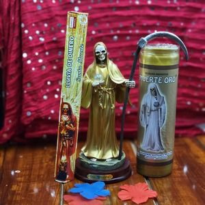 SANTA MUERTE gold Color Statue 9", Santa Muerte Gold Candle & incense bundle .